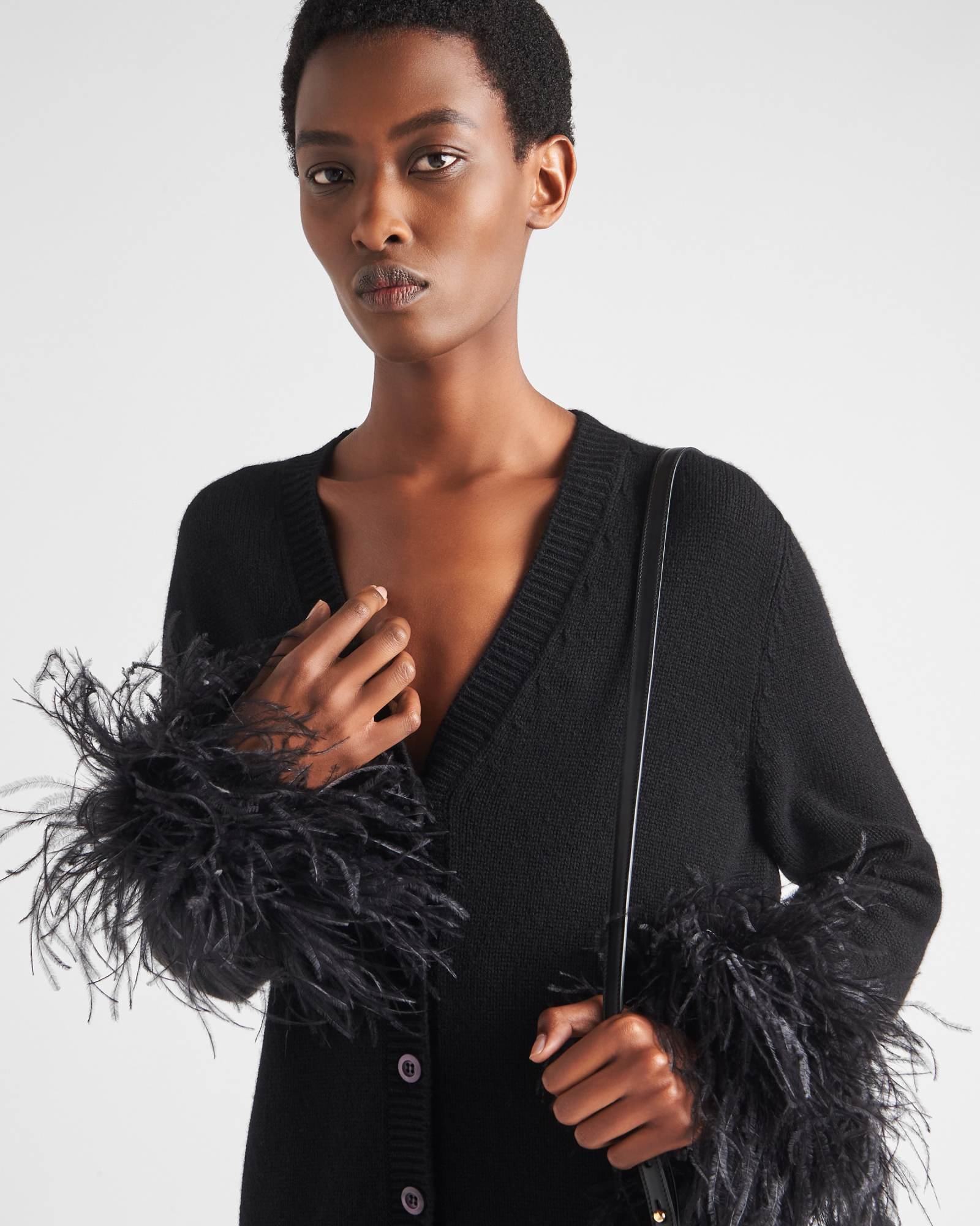 Prada Feather-trim Black Cashmere Cardigan With V-neck In Black