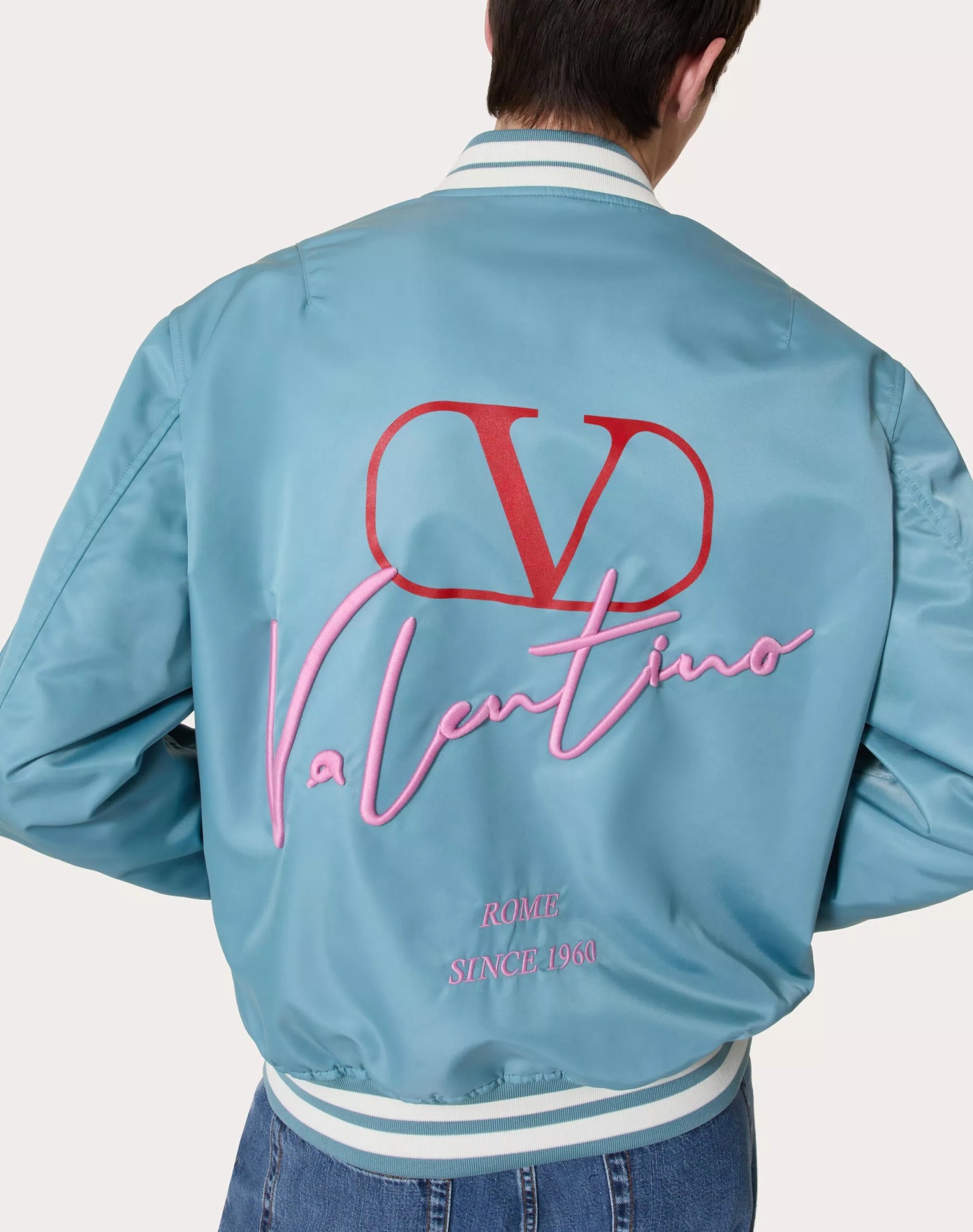Valentino Nylon Bomber Jacket With Embroidery And Print. In Blue