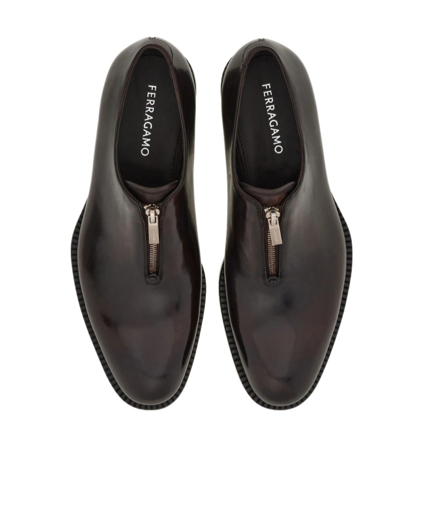 Ferragamo Derby Shoe With Zip Detail In Brown
