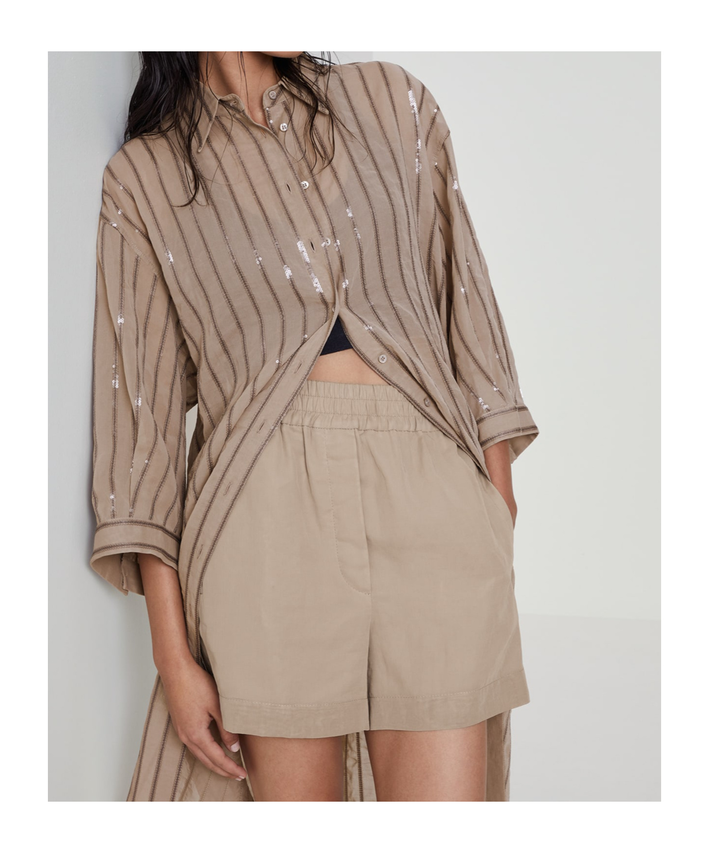 Brunello Cucinelli Sequin-embellished Striped Cotton Shirtdress In Brown