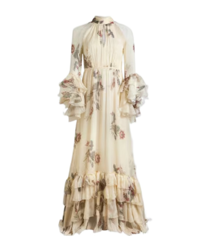 Etro Tiered Tie-neck Floral-print Silk-crepon Maxi Dress In Neutral