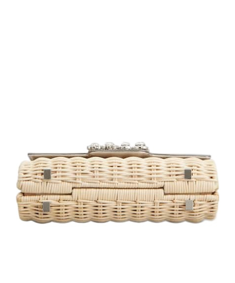 Roger Vivier Jewel Efflorescence Mini Bag In Leather And Rattan In Beige
