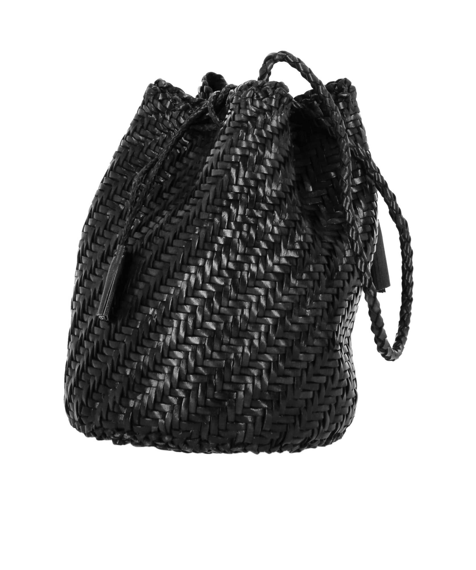 Dragon Diffusion Pompom Doublej Woven Leather Basket Bag In Black