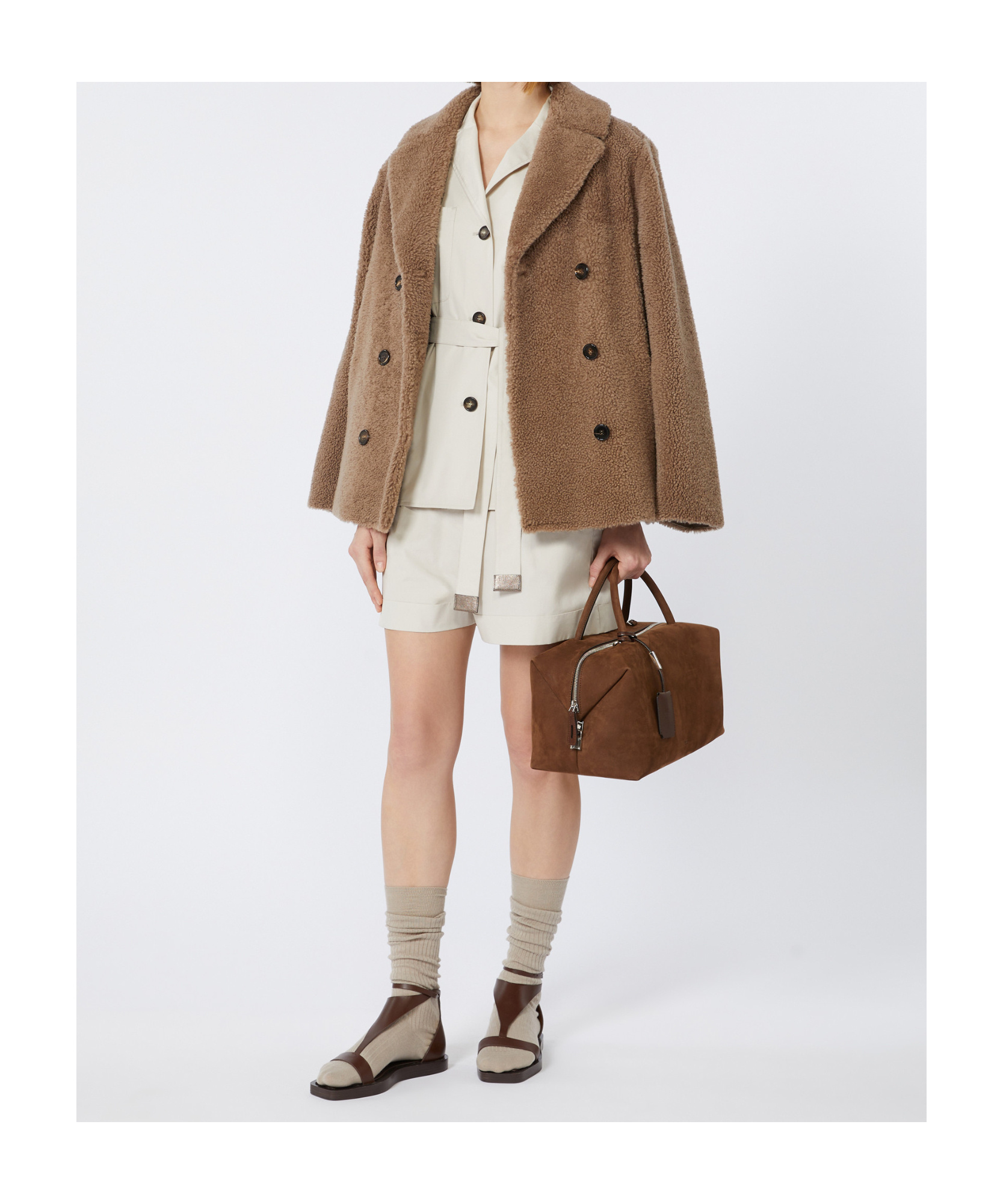Max Mara Curly Sheepskin Pea Coat In Brown