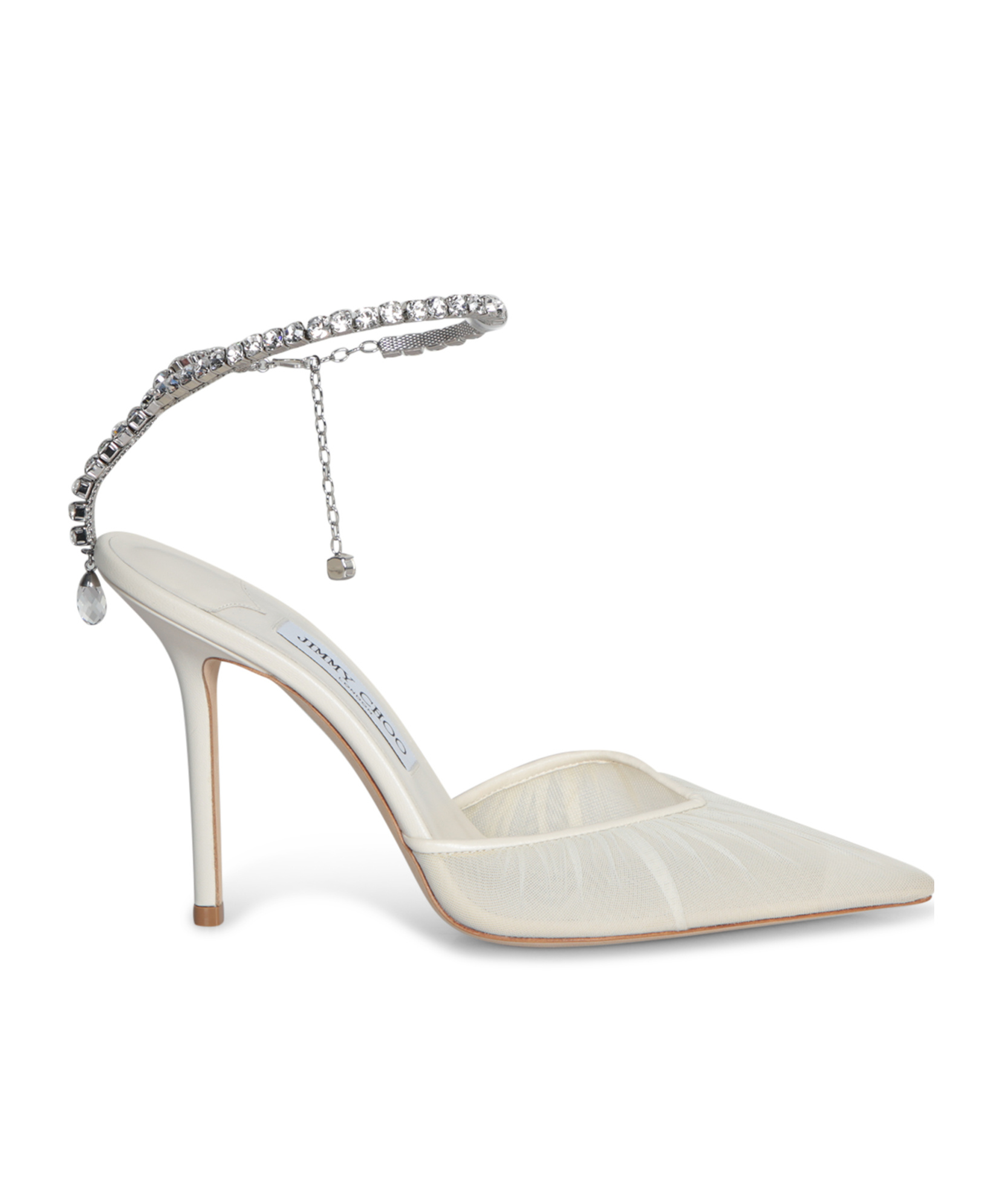 Jimmy Choo Saeda Crystal Ankle Strap Pointed Toe Pump In White