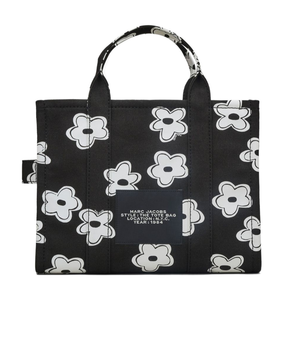 Marc Jacobs 'the Medium Tote' Black Handbag With Logo Lettering On The Front And All-over Floral Print In Black