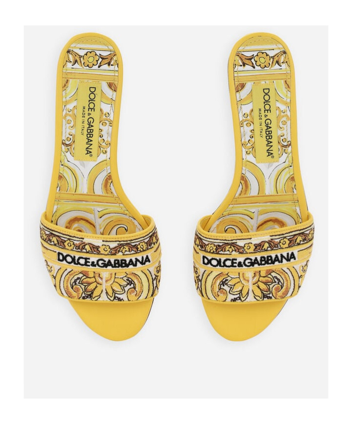 Dolce & Gabbana Yellow Sliders With Embroidered Majolica Pattern In Cotton And Leather Woman In Multicolor