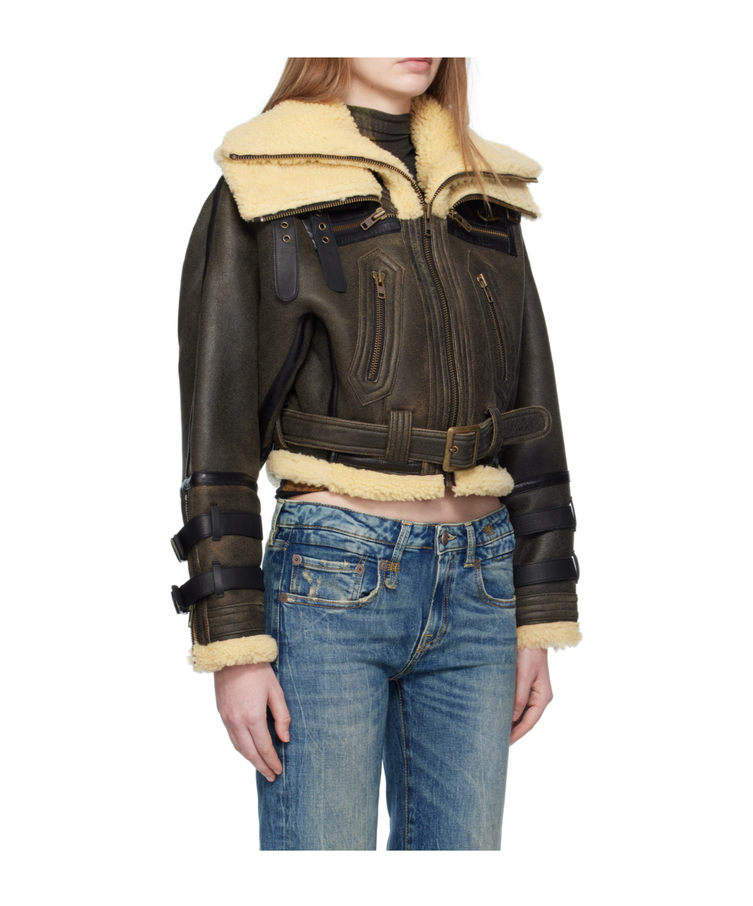 R13 Black Cropped Shearling Bomber Jacket In Black