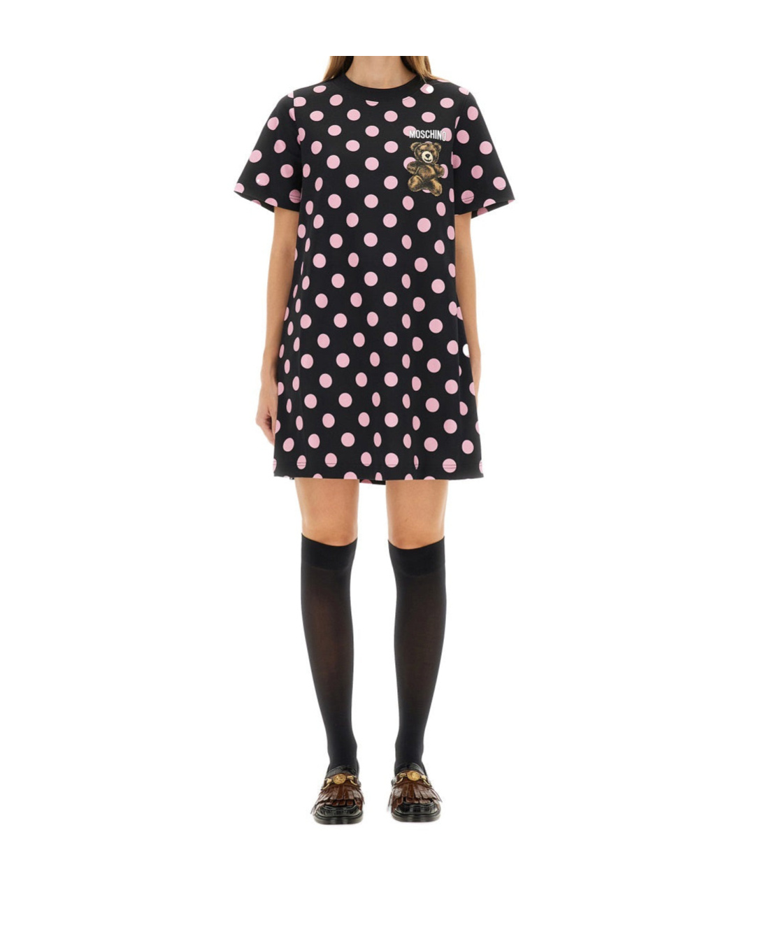 Moschino Graphic Print Polka Dot Short Sleeve Dress In Black