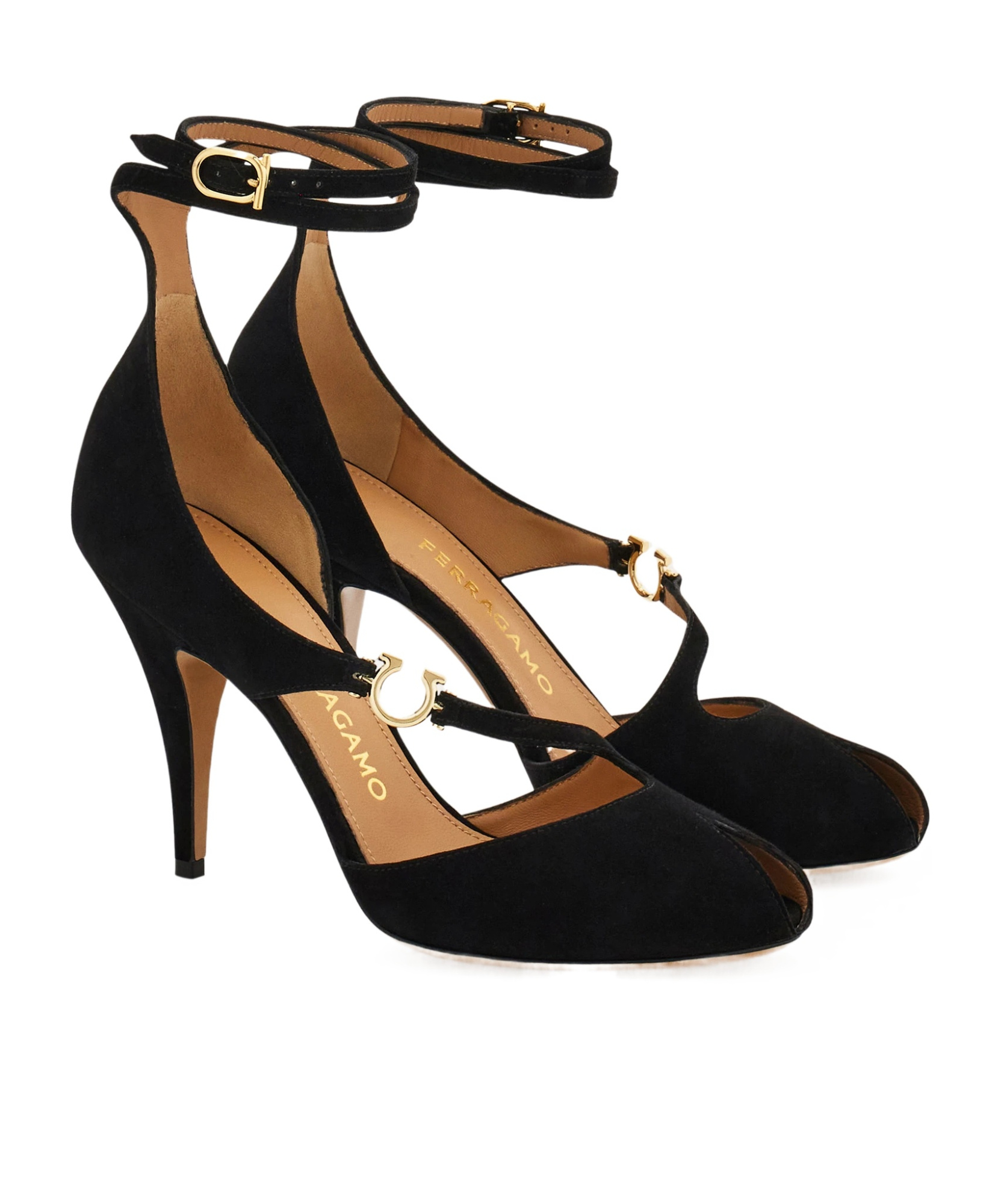 Ferragamo Peep-toe Pump With Gancini Detail In Black