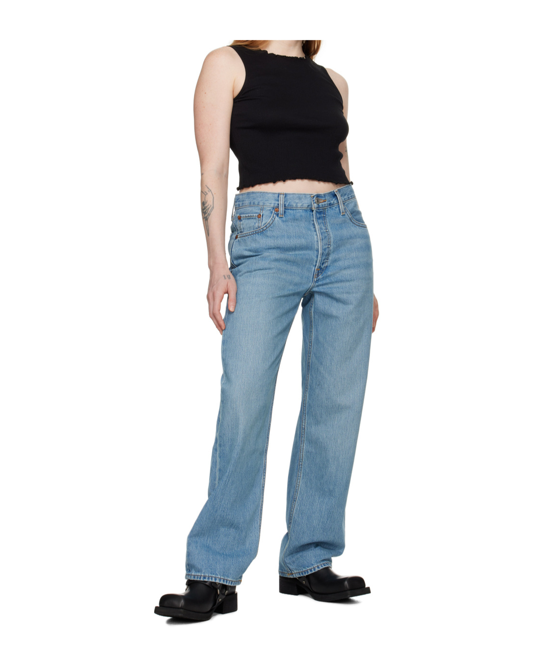 Re/done Crinkled Round-neck Tank Top In Black