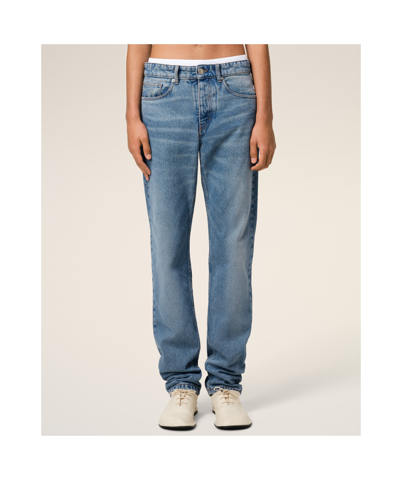 Ami Alexandre Mattiussi Ami Straight-leg Denim Jeans With Faded Blue Wash And Leather Accent