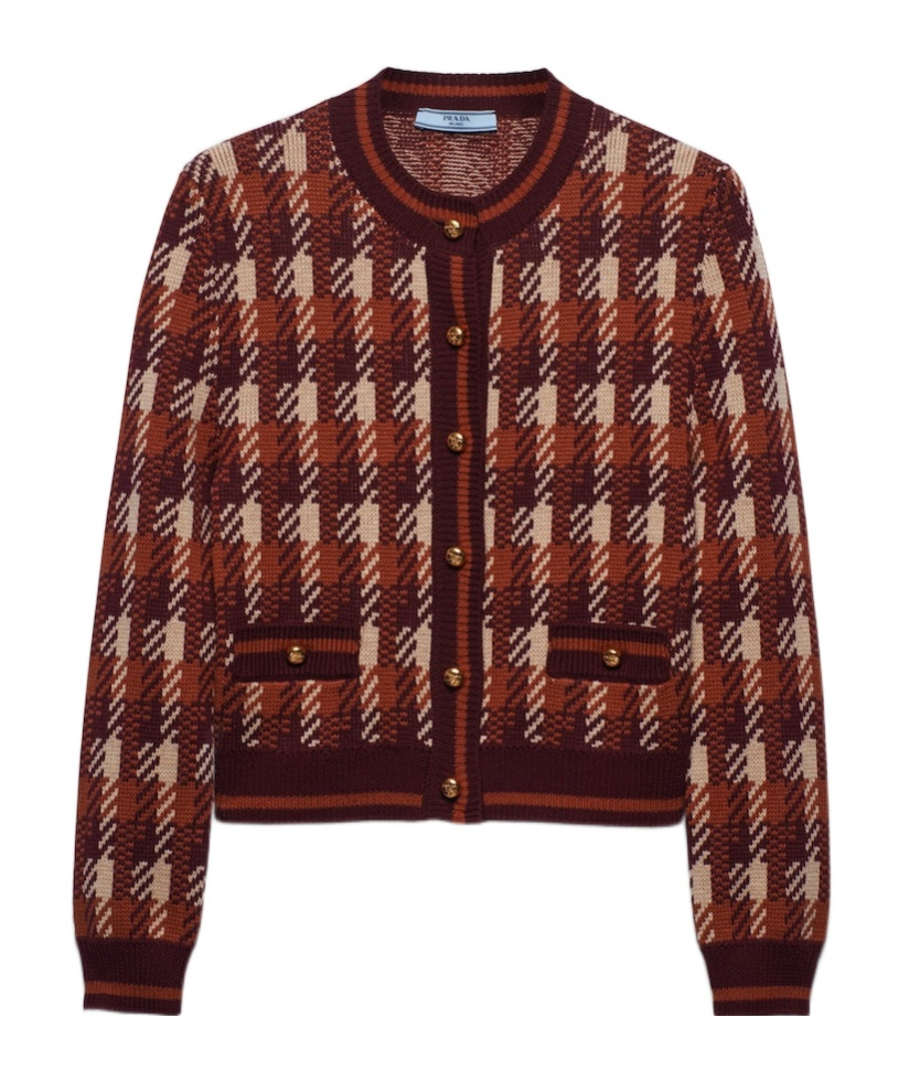 Prada Patterned Wool Cardigan In Brown
