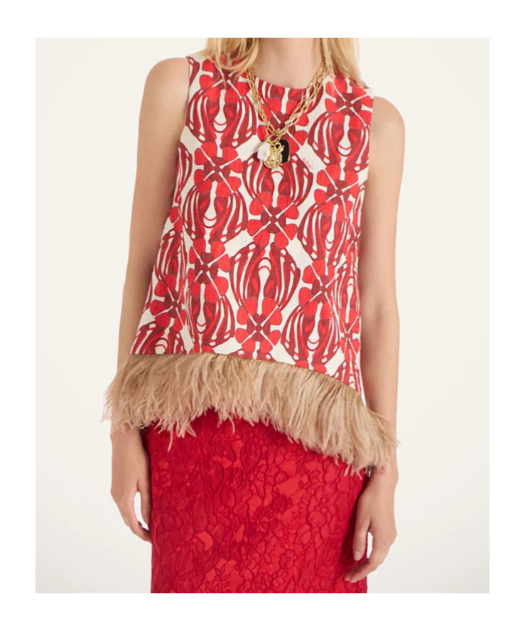 La Doublej Icon La Scala Feather-trimmed Printed Stretch-cotton Tweed Top In Red