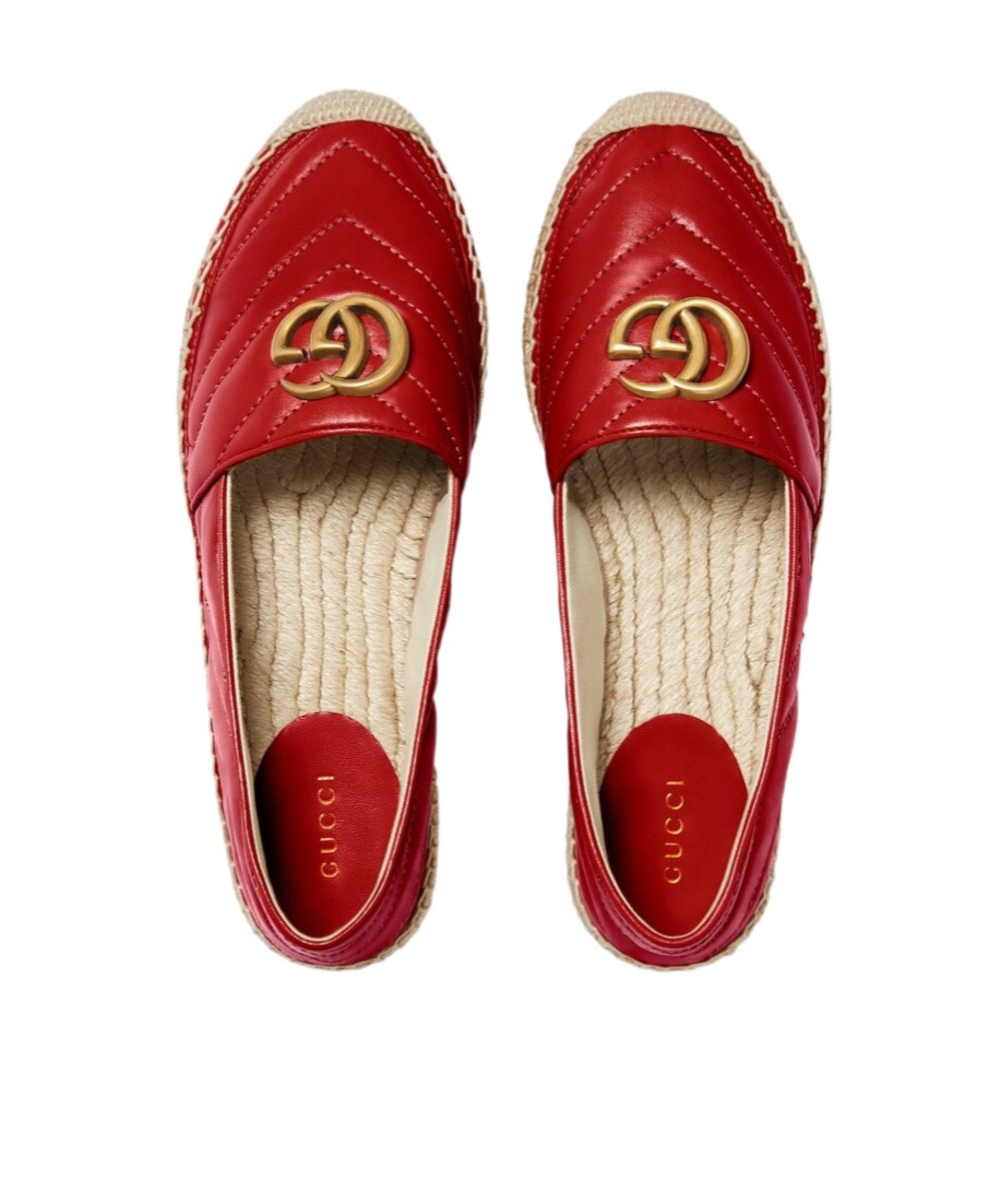 Gucci Double G Leather Straw Shoes In Red