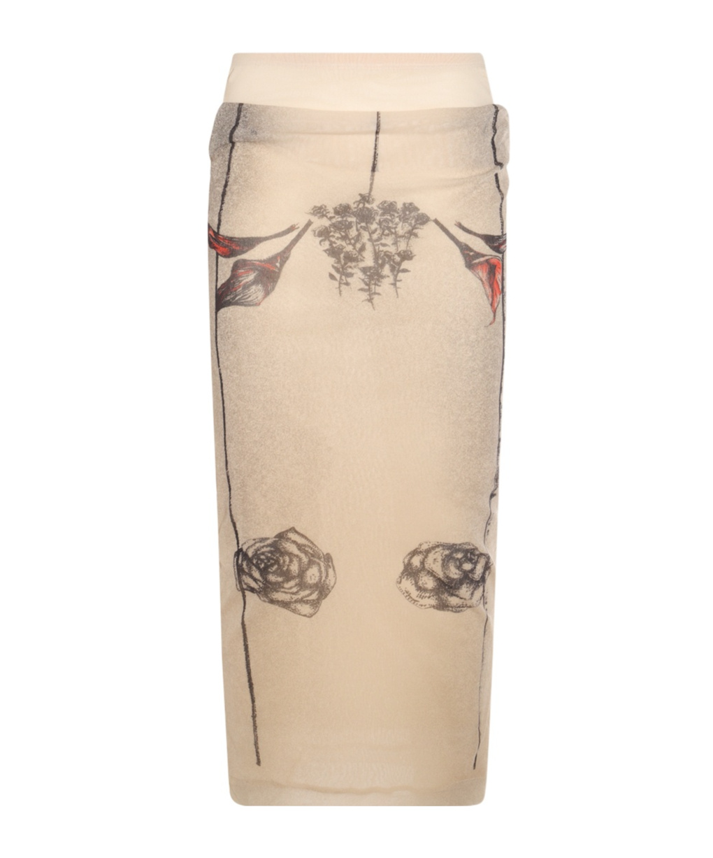 Jean Paul Gaultier Mesh Printed Double Layer Midi Skirt In Nude