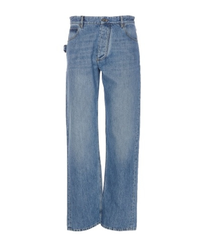 Bottega Veneta Straight Leg Denim Trousers Green Patch In Blue