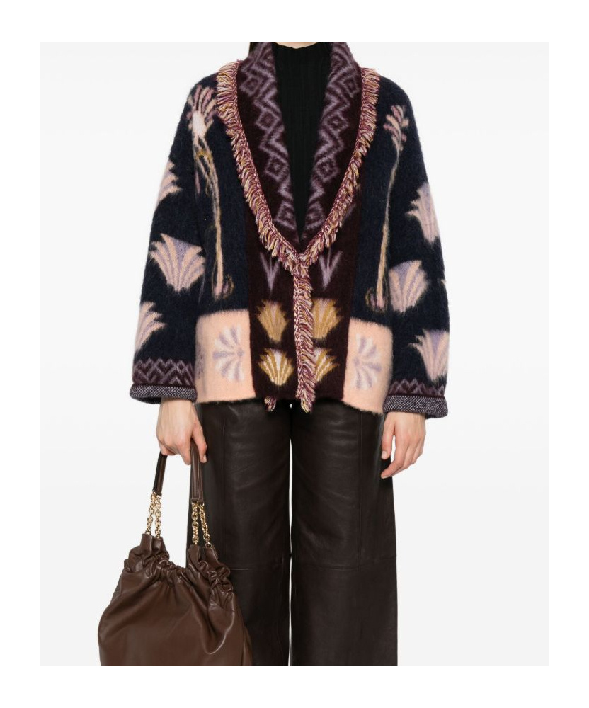 Forte Forte Sogni Multicolor Cardigan With Fringed Details And All-over Geometric Motif In Wool Blend Woman In Multi