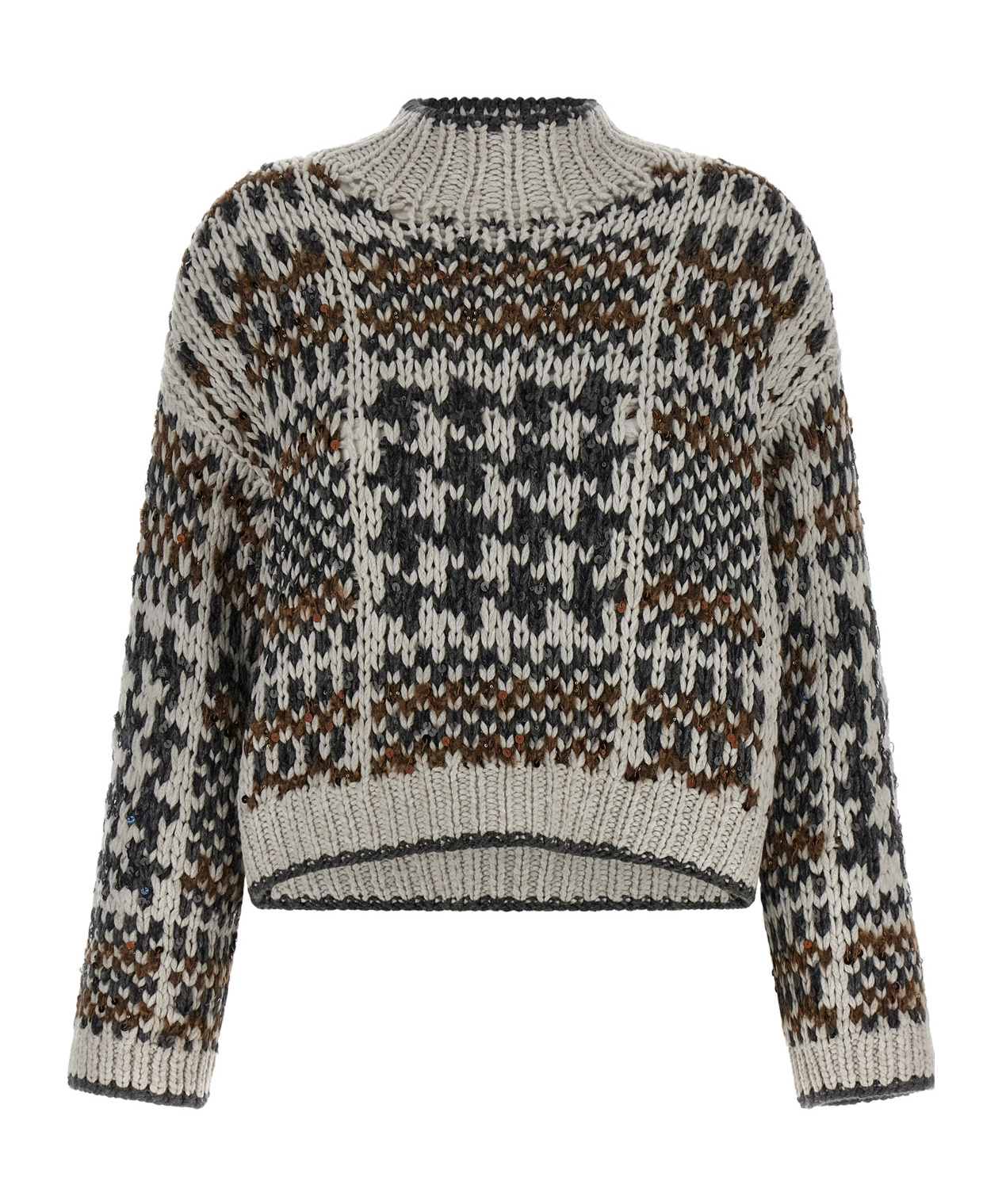 Brunello Cucinelli Chunky Knit Crew Neck Long Sleeve Sweater In Gray