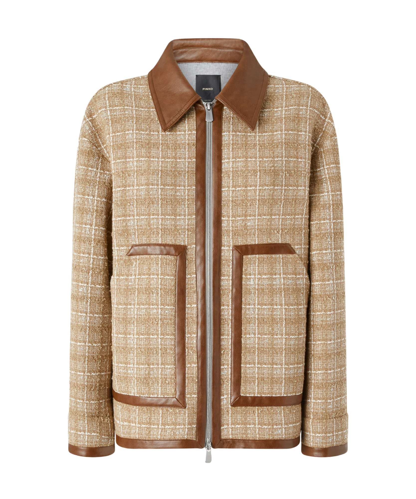 Pinko Tweed Blouson Jacket With Leatherette Details And Zip In Nude