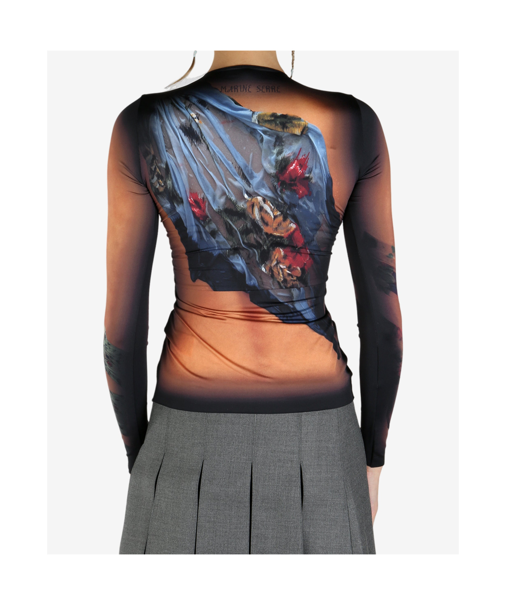 Marine Serre Multicolor Top With Draped Details And All-over Graphic Print In Tech Fabric Woman In Dark Beige