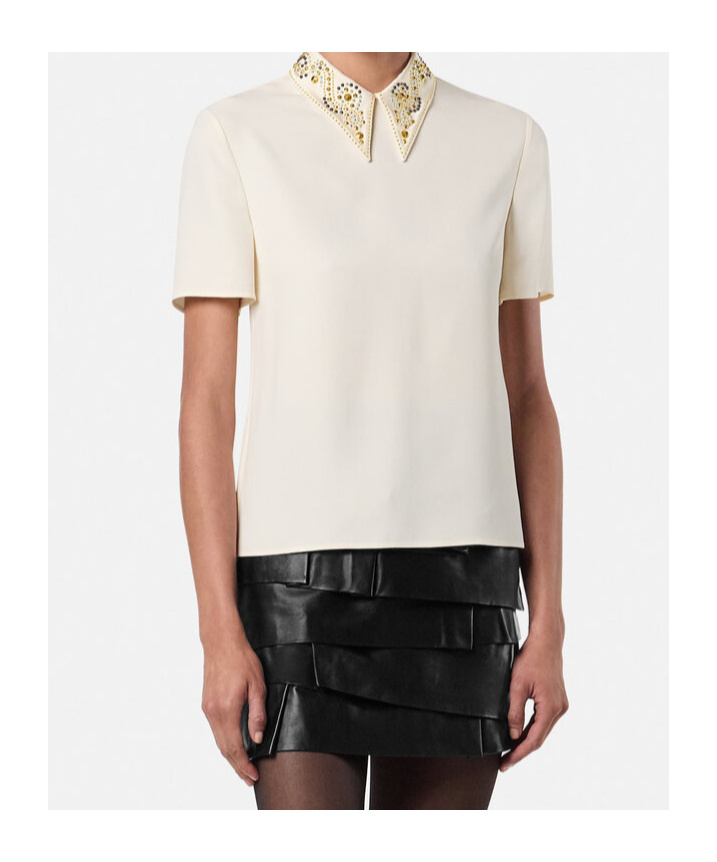 Versace Embellished-collar Short-sleeve Top In Neutral
