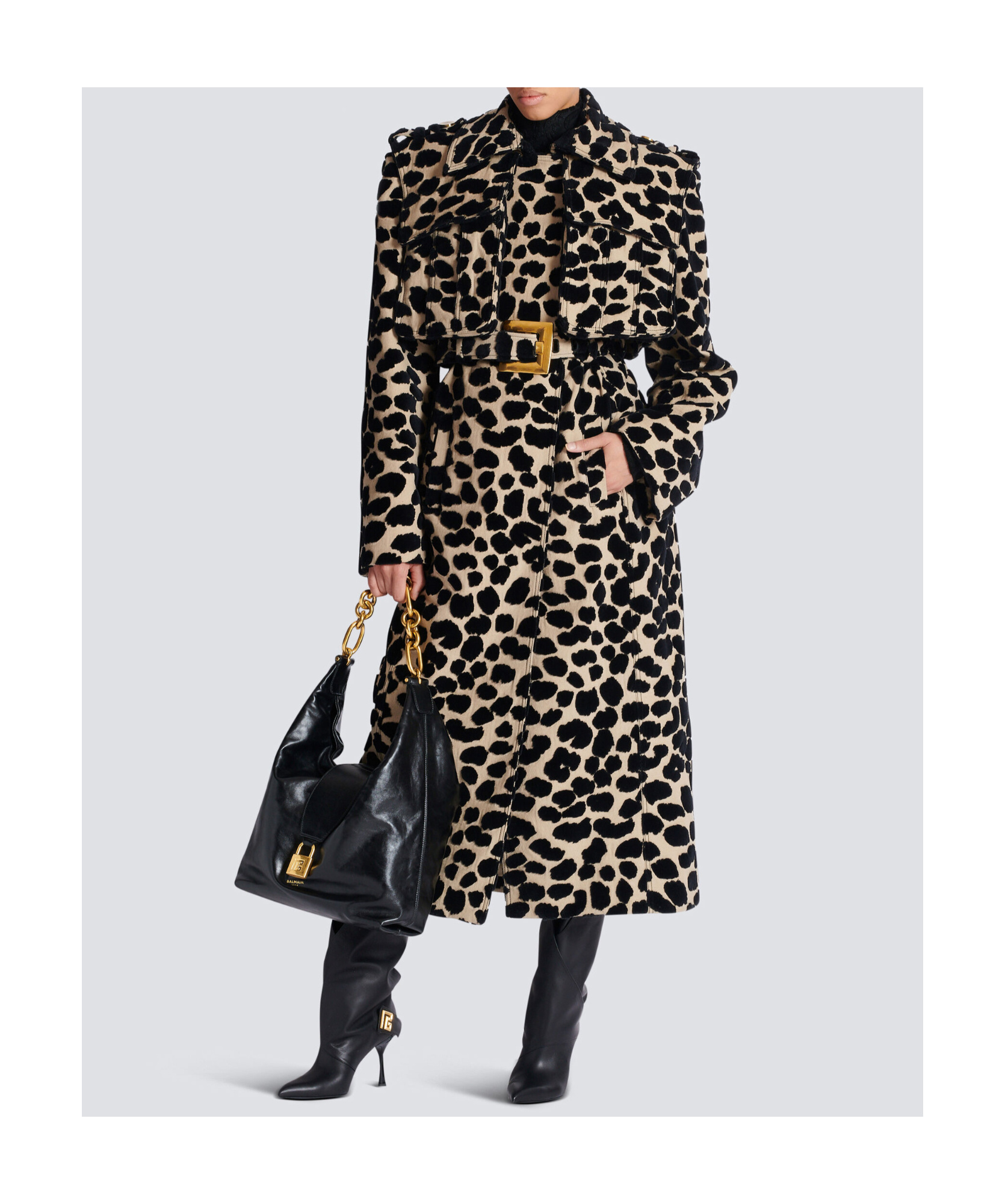 Balmain Leopard Print Jacquard Belted Trench In Black