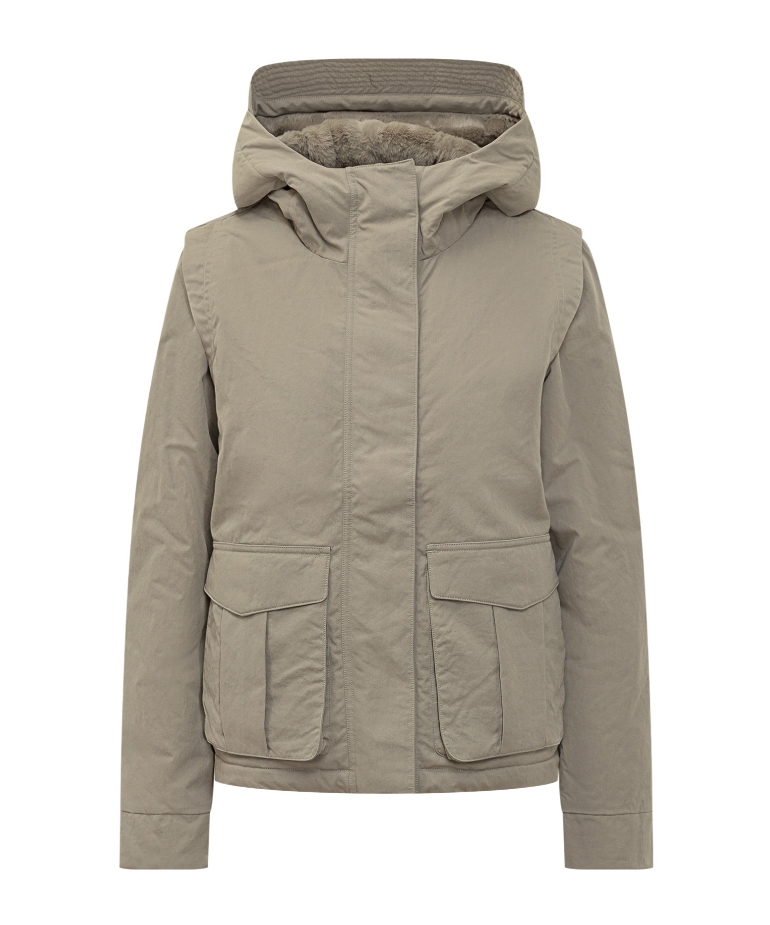 K-way Jacket With Hood And Synthetic Fur Lining In Brown