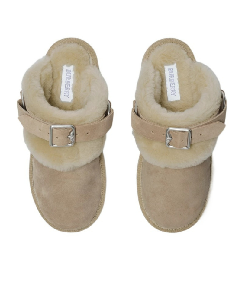 Burberry Buckle Fastening Shearling Suede Mules In Nude