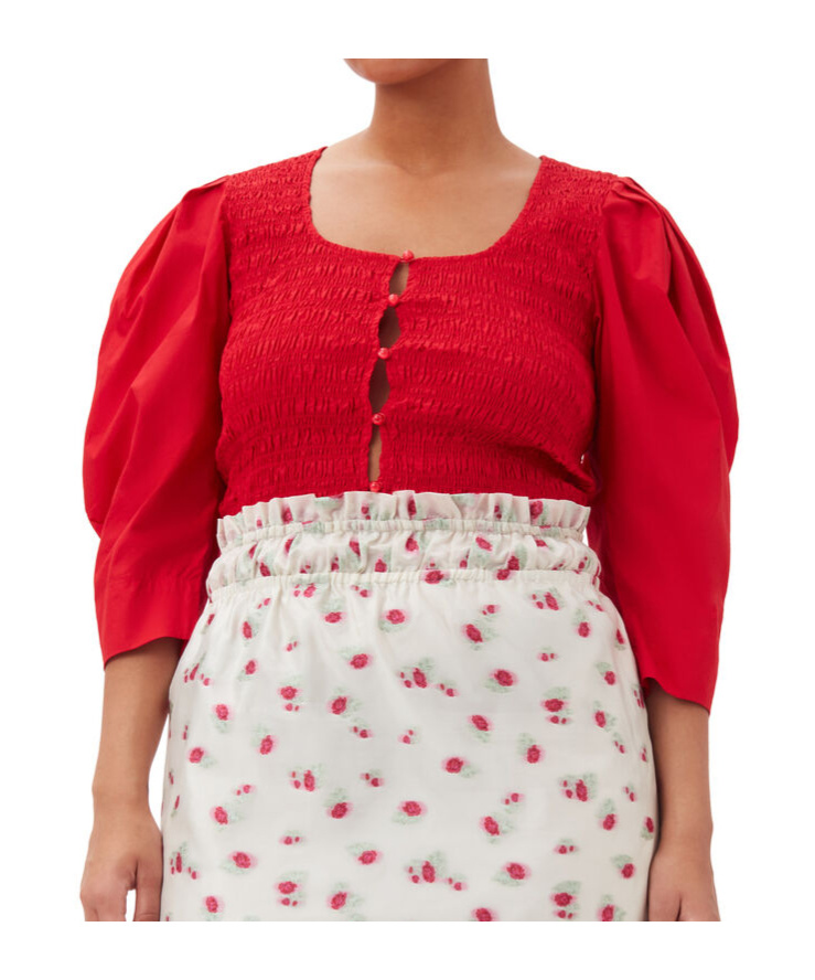 Ganni Smocked Poplin Blouse In Red