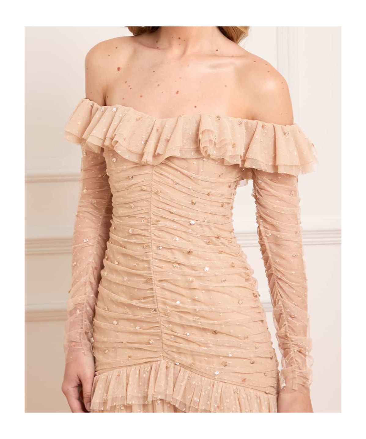 Needle & Thread Sequined Pleated Off-the-shoulder Gown In Neutral