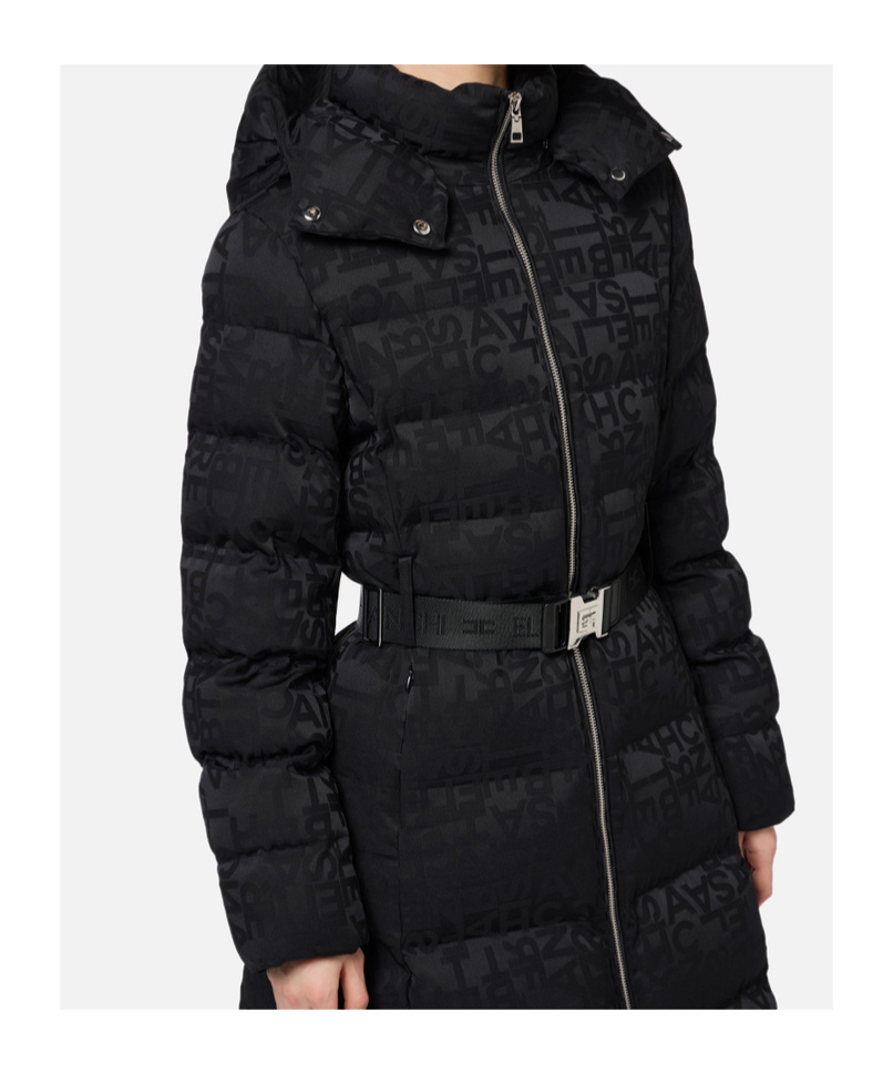 Shop Elisabetta Franchi Logo Jacquard Long Down Jacket In Black