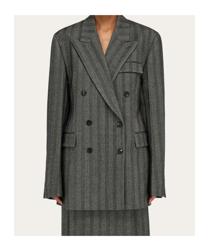 Ferragamo Chevron-pattern Double-breasted Coat In Gray