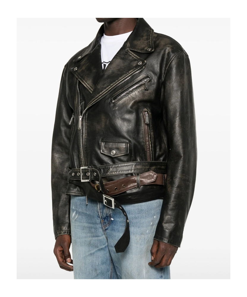 Dsquared2 Belted Leather Biker Jacket In Black