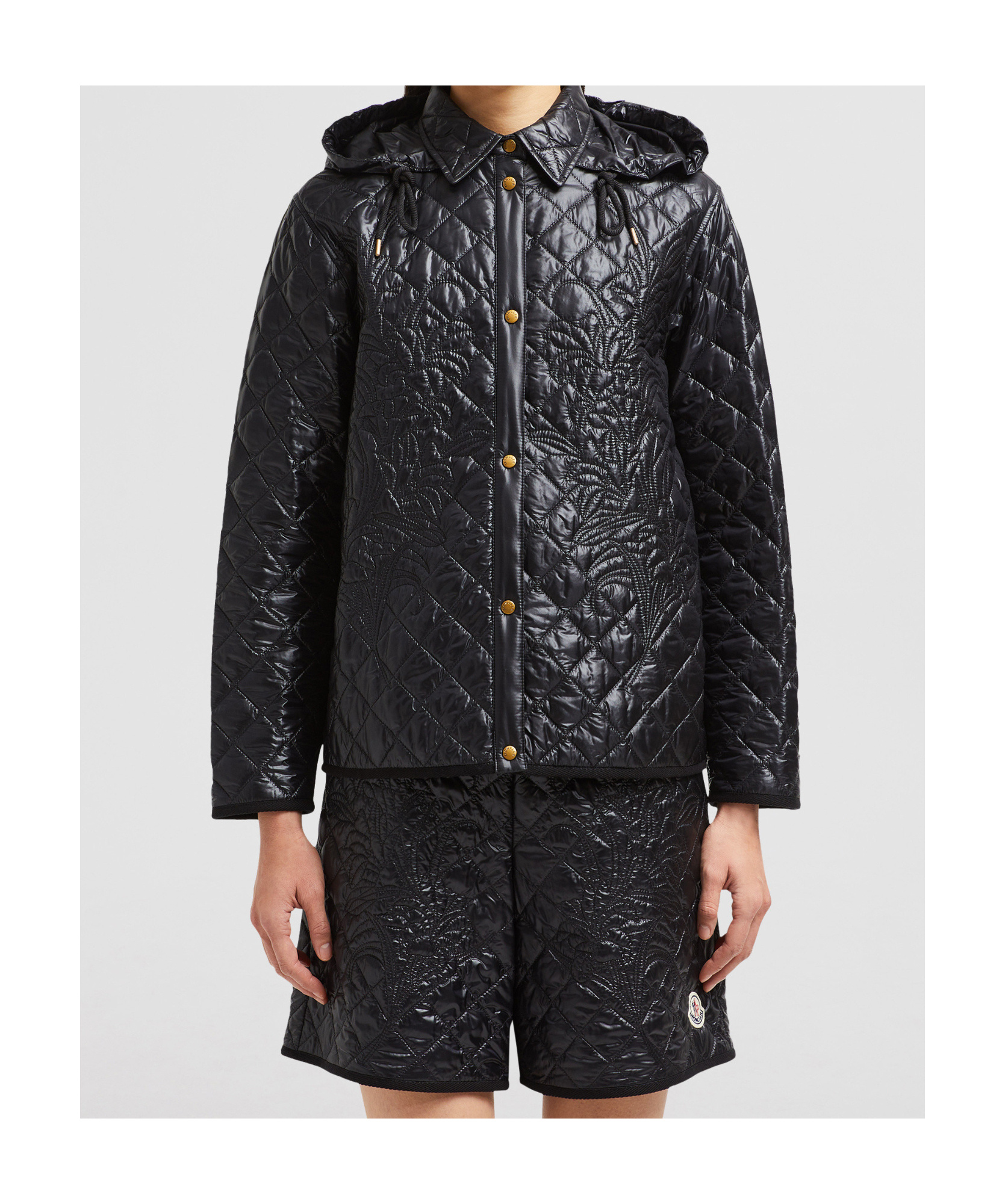 Moncler Floral-quilted Hooded Shirt Jacket In Black