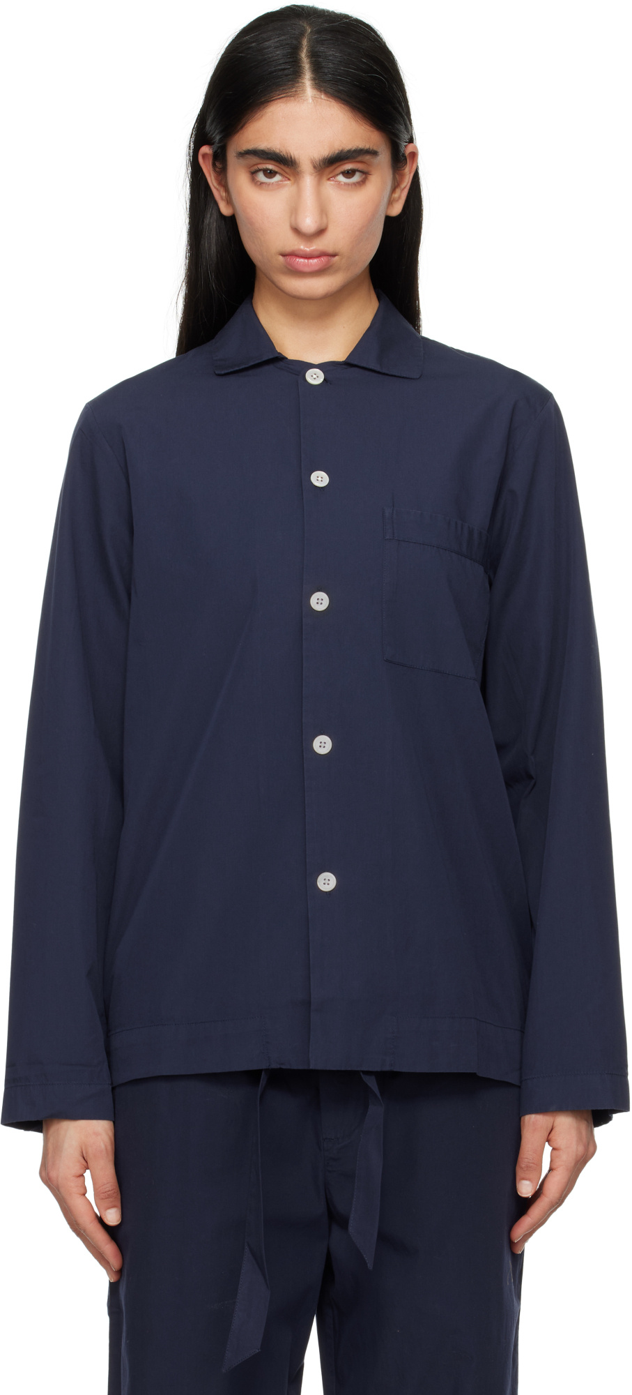 Tekla Poplin Long-sleeved Pyjama Shirt In Navy Blue