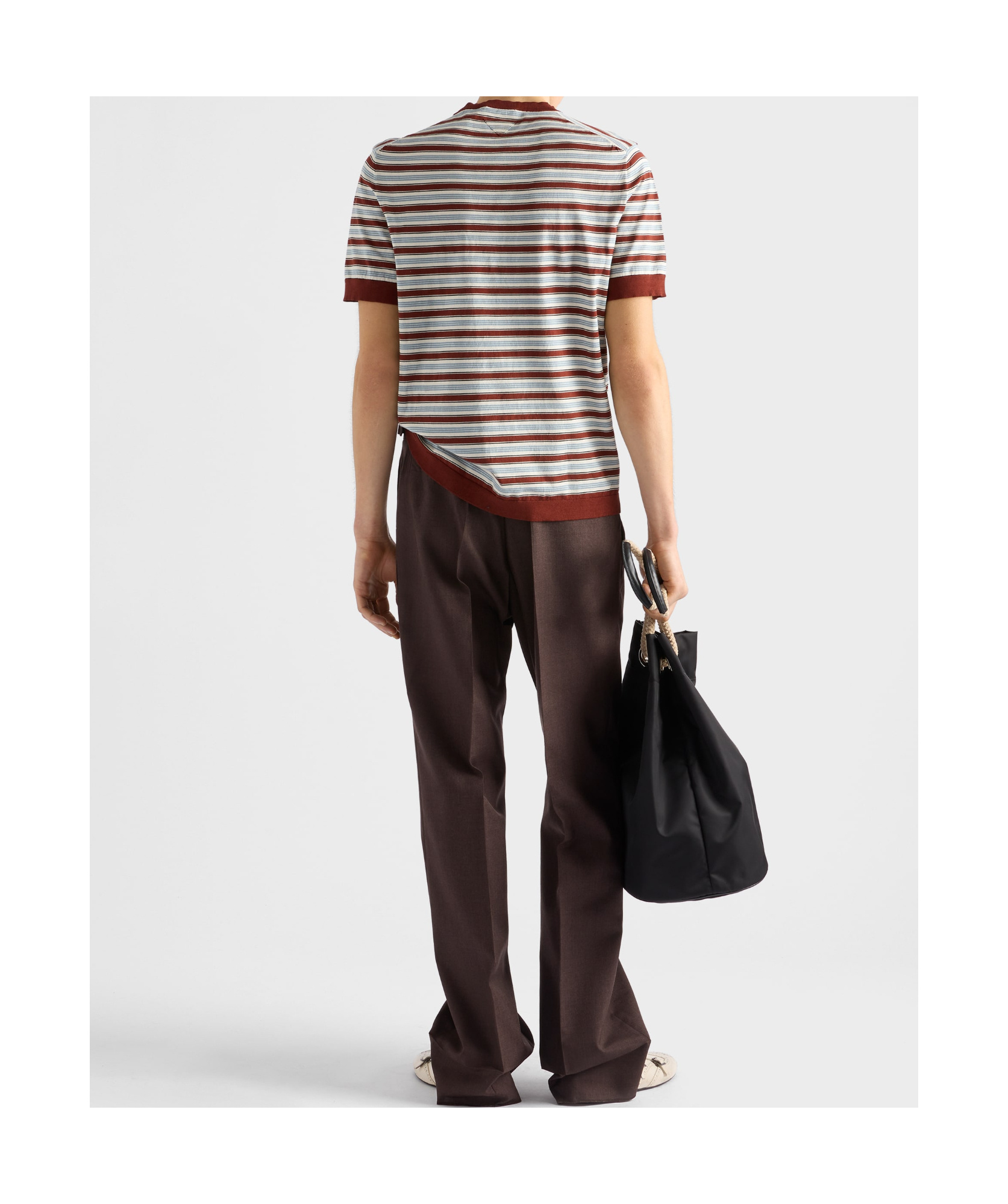 Prada Short-sleeved Striped Cotton Sweater In Brown