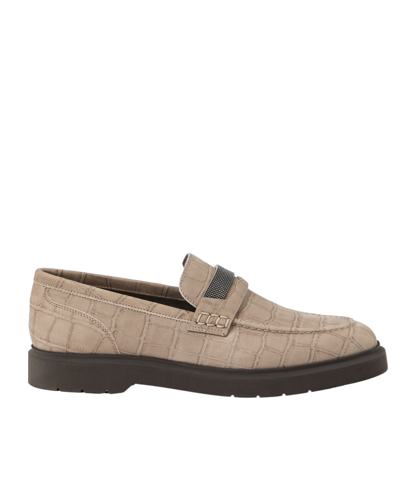Brunello Cucinelli Crocodile Effect Round Toe Flat Sole Loafers In Neutral