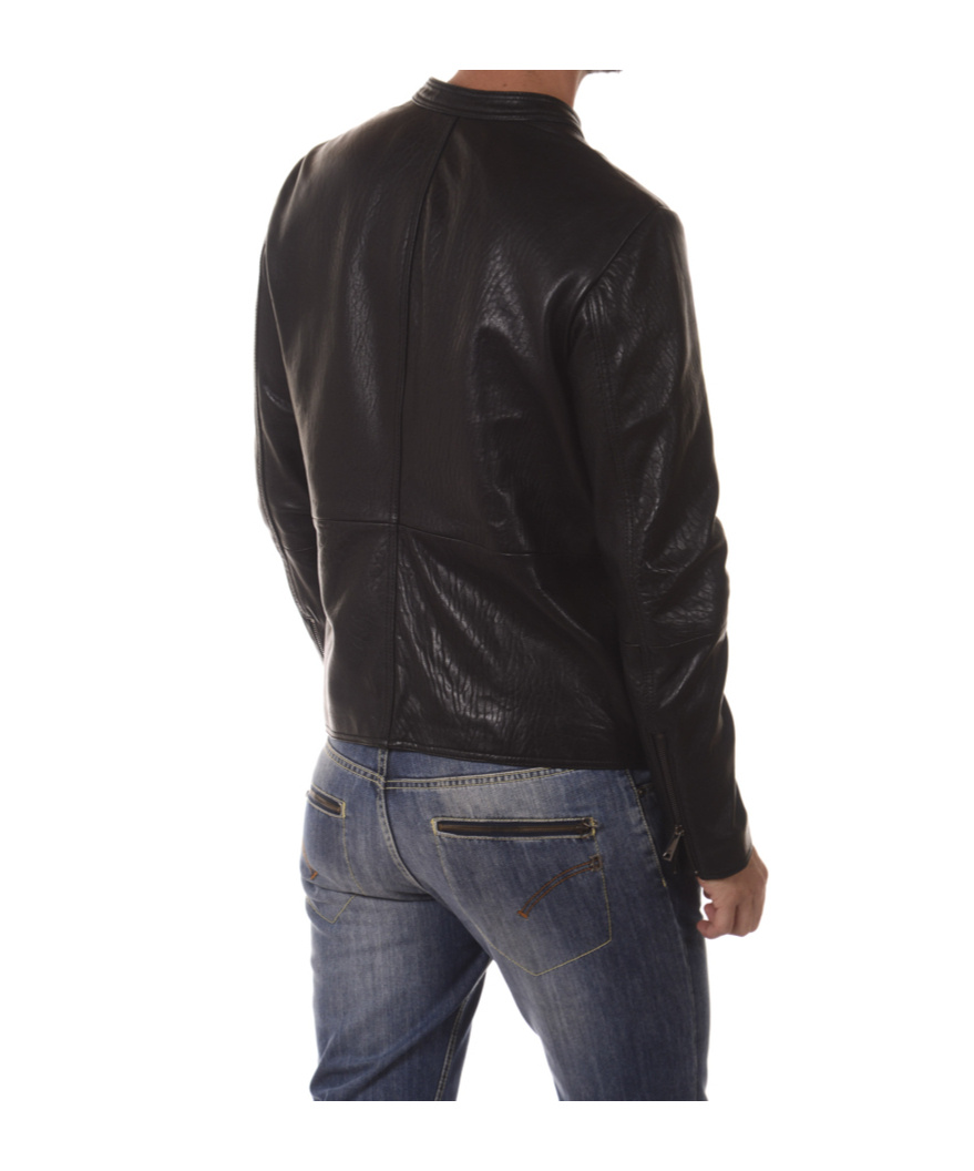 Armani Jeans Long-sleeved Leather Jacket In Black