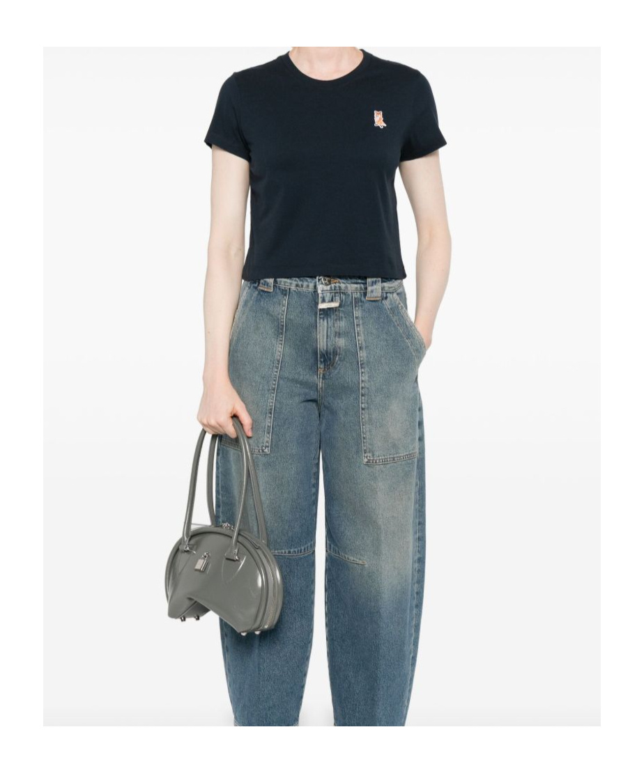 Maison Kitsuné Lady Fox Baby Embroidered Cotton Cropped Top In Blue