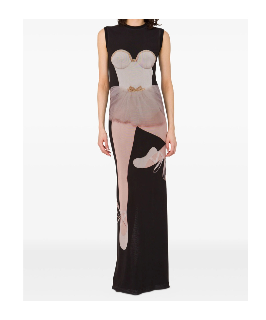 Moschino Ballerina Print Maxi Tulle Dress In Black