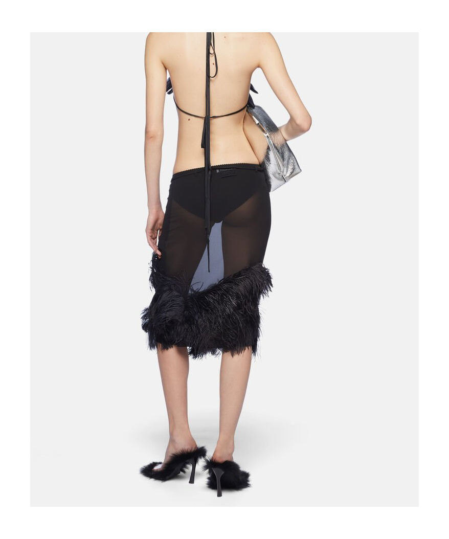 Attico Chic Low-waisted Midi Skirt With Feather Embellishment In Black