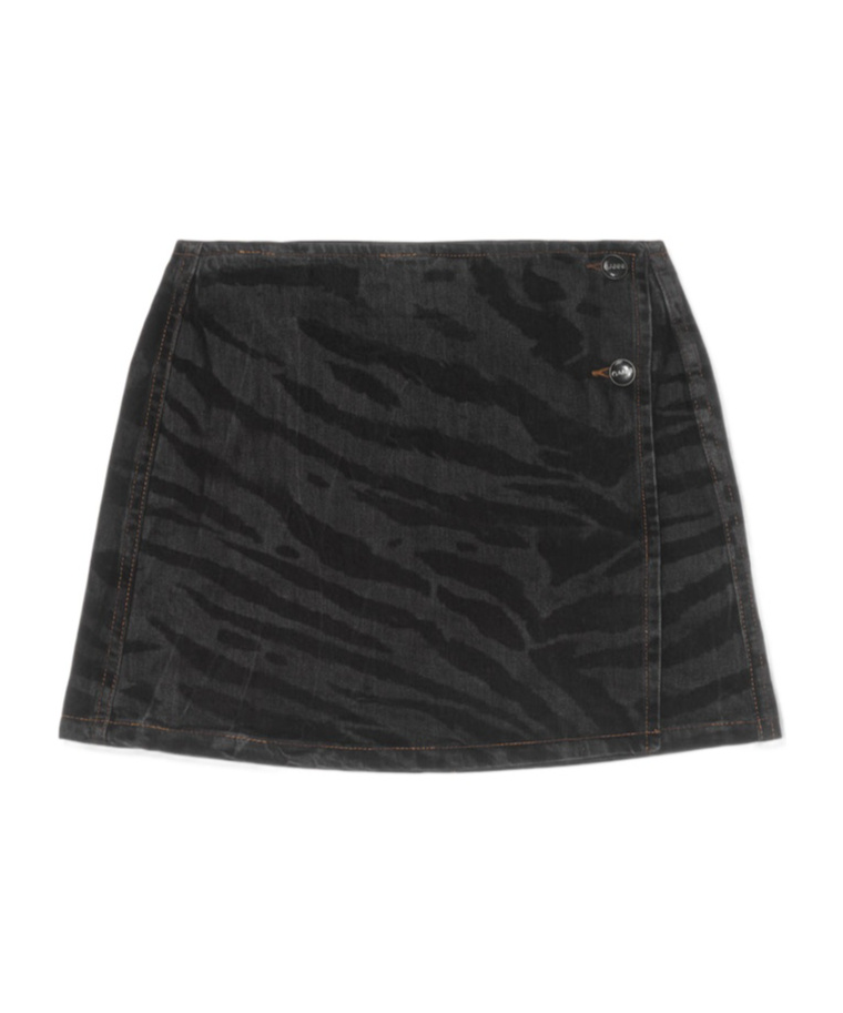 Ganni Tiger-print Denim Mini Wrap Skirt In Black