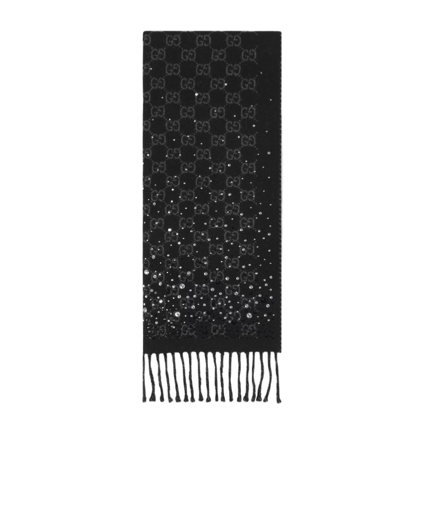 Gucci Gg Wool Scarf With Crystals In Black