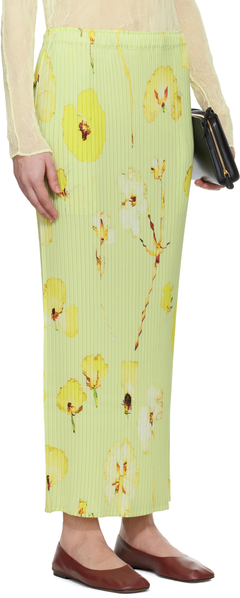 ISSEY MIYAKE GREEN PRESSED FLORA PLEATS MIDI SKIRT