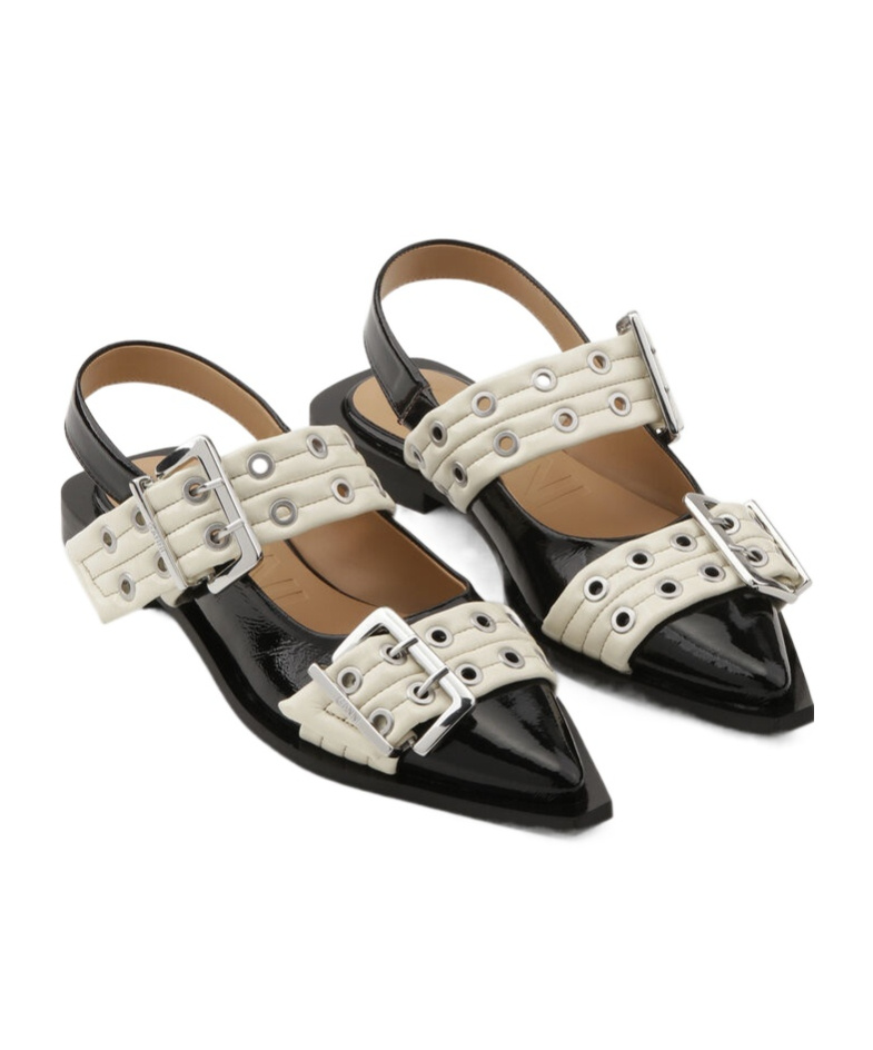 Ganni Black And White Slingback Ballerina Flats With Buckles In White