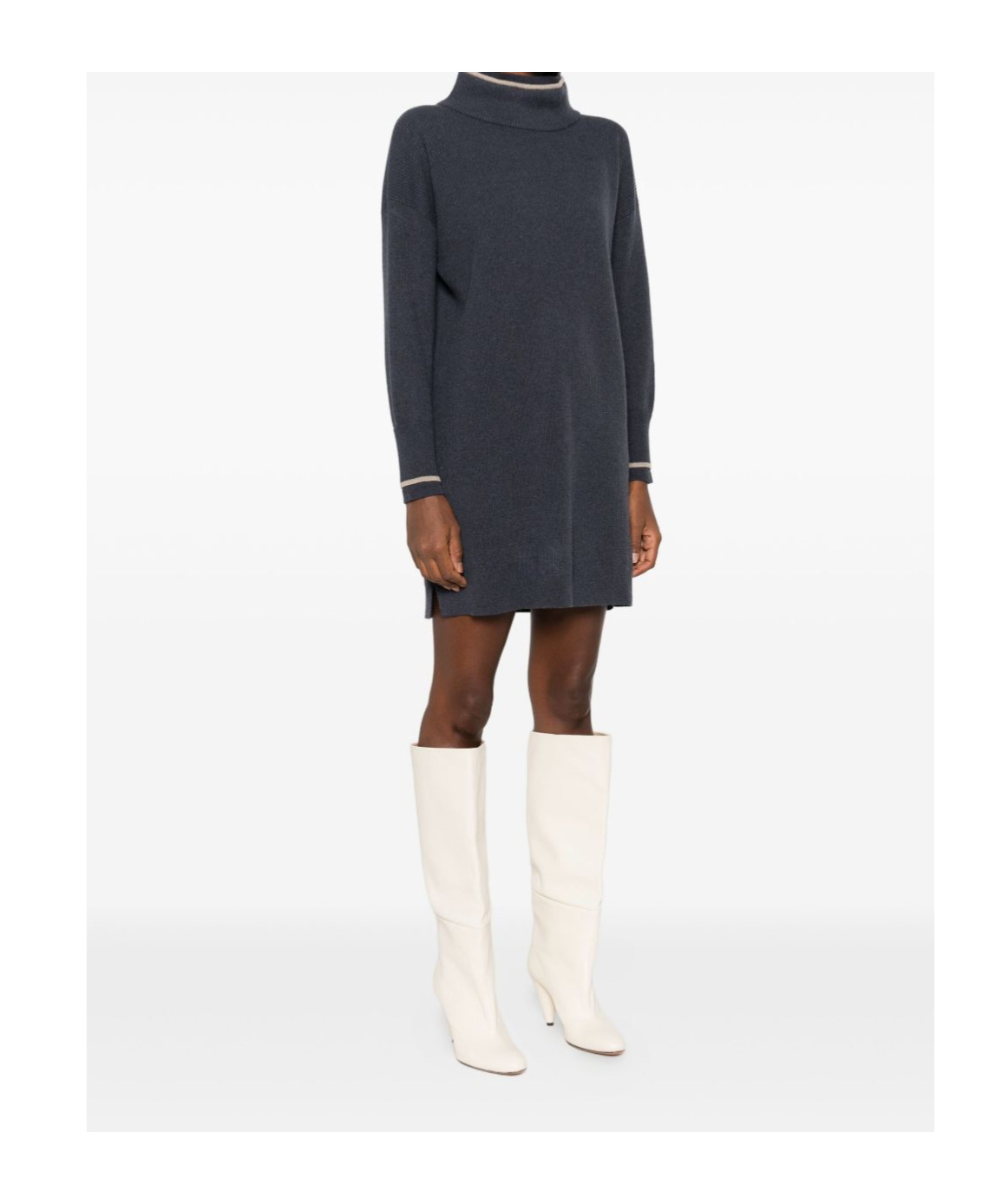 Brunello Cucinelli Ribbed High-neck Mini Dress In Blue