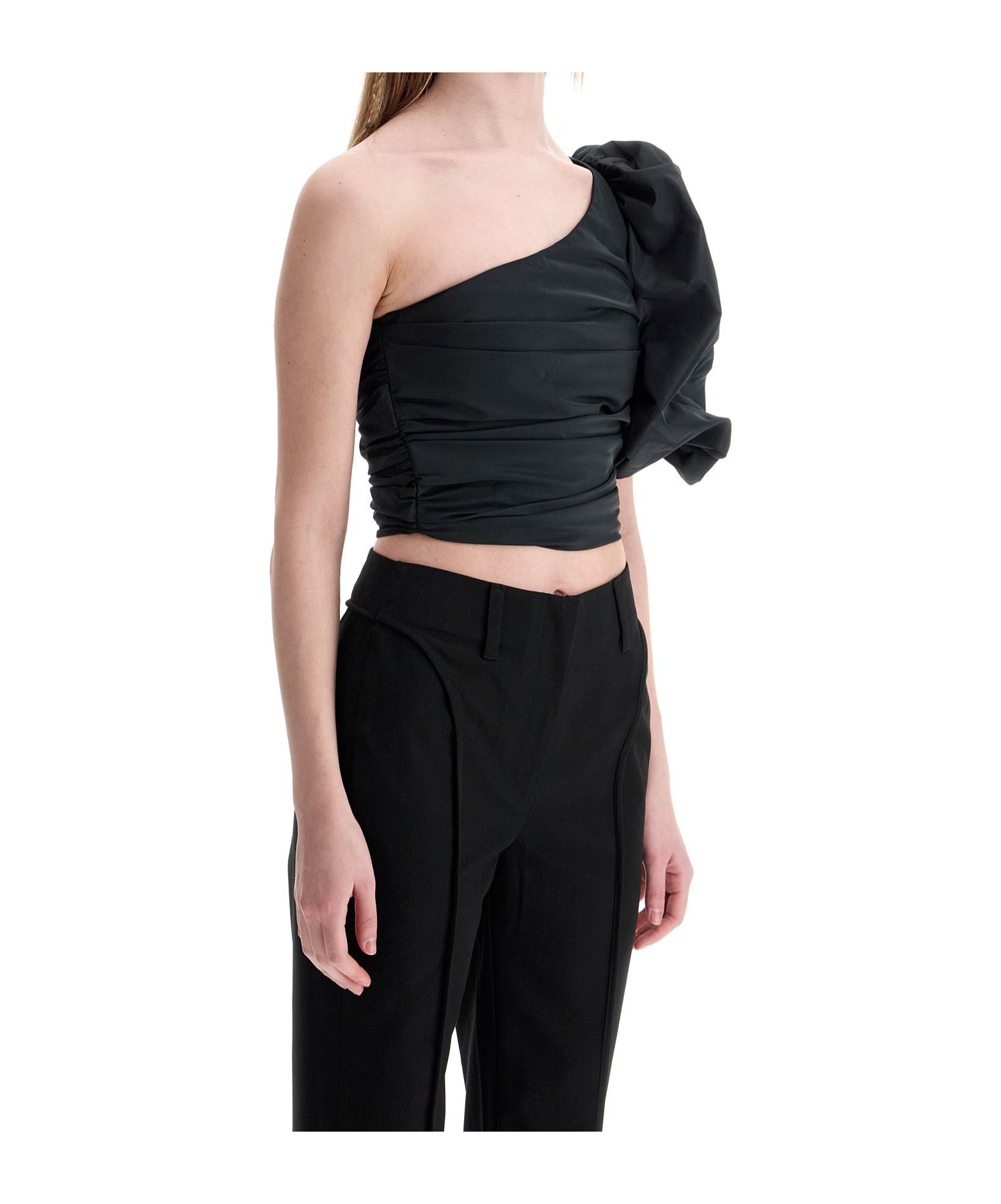 Pinko 'magnanina' Black One Shoulder Top With Ruffle Details In Techn Fabric Woman In Black