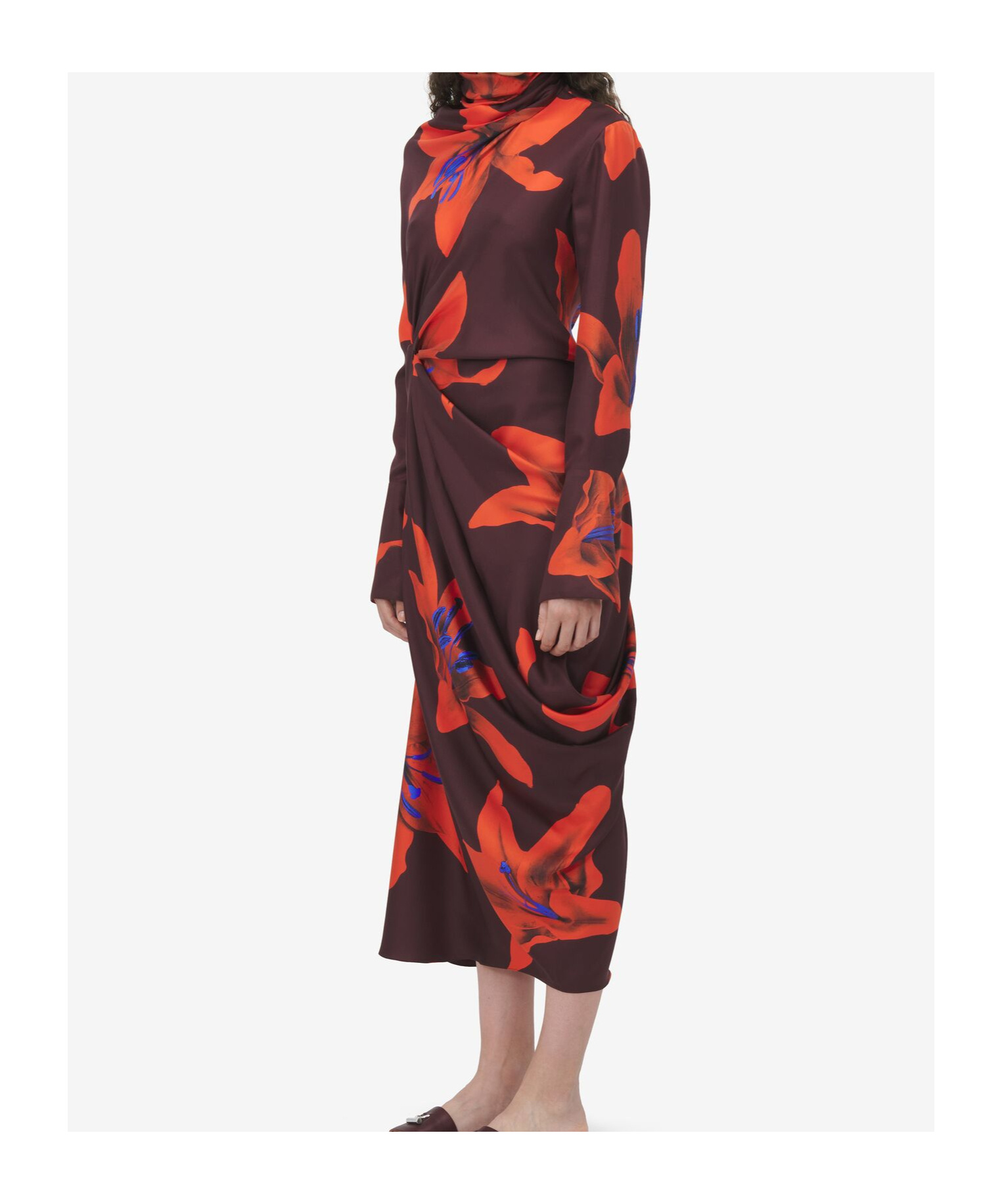 Alexander Mcqueen Turtleneck Floral Twisted Long-sleeve Midi Dress In Red