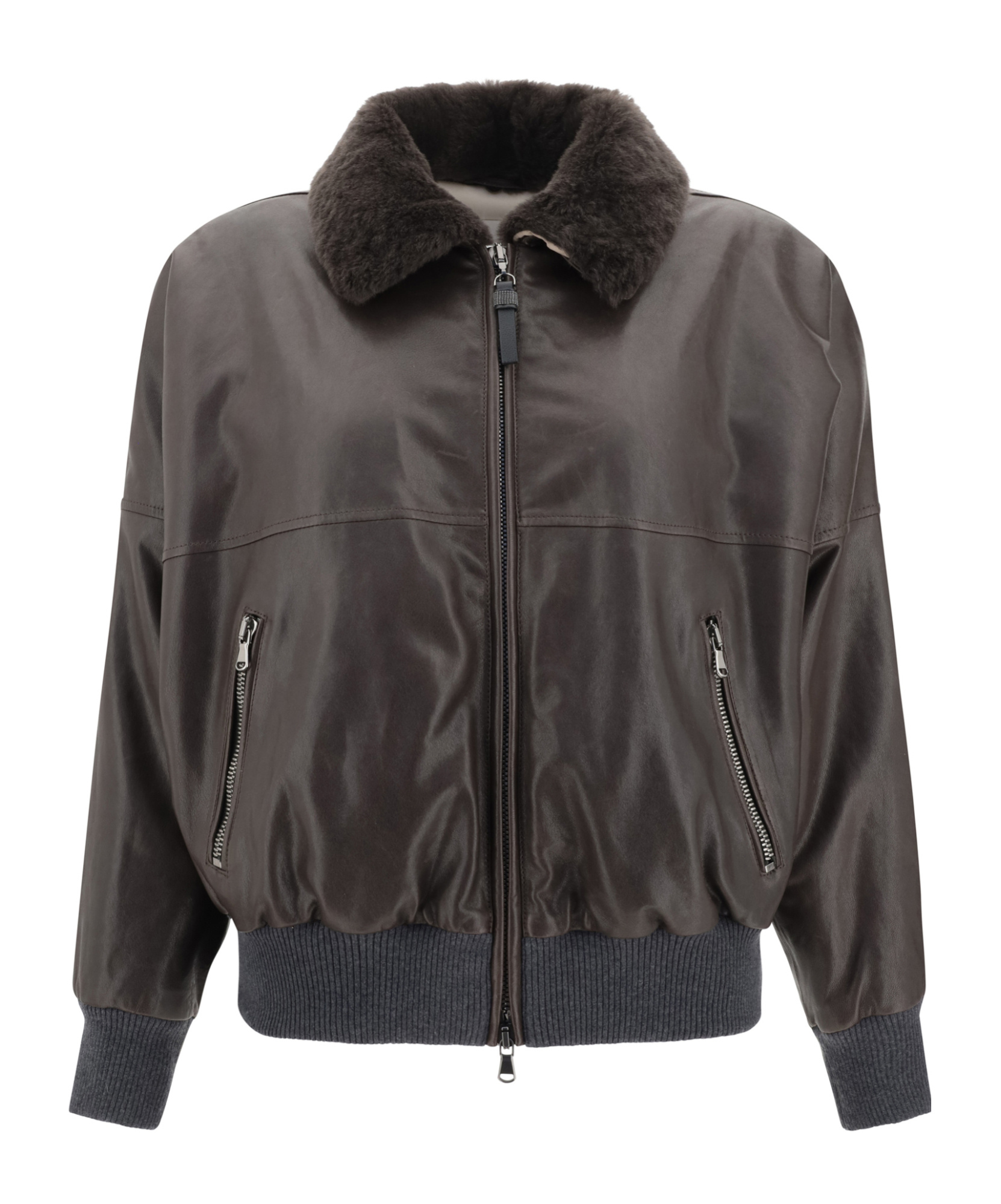 Brunello Cucinelli Shearling Collar Leather Jacket Women In Brown